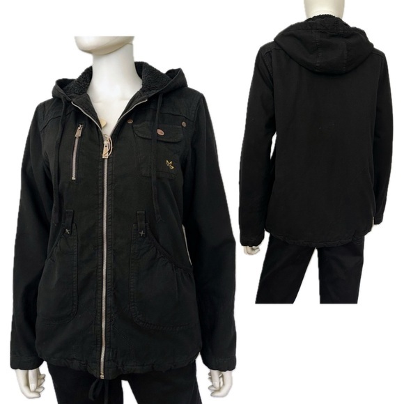 NWT JEAN JACKET‎ SHERPA LINED HOOD ZIPPED LINED DENIM COAT IN BLACK - Picture 1 of 17